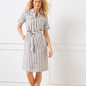 NWT Talbots 100% Linen UTILITY White Tan Striped Women's Size 4 Shirt Dress